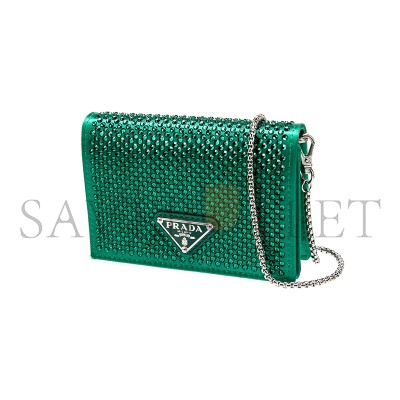 PRADA CRYSTAL BOLO WALLET ON CHAIN GREEN MINI BAG 1MR024 (11.5*8cm)  PRADA CRYSTAL BOLO WALLET ON CHAIN GREEN MINI BAG 1MR024 (11.5*8cm)